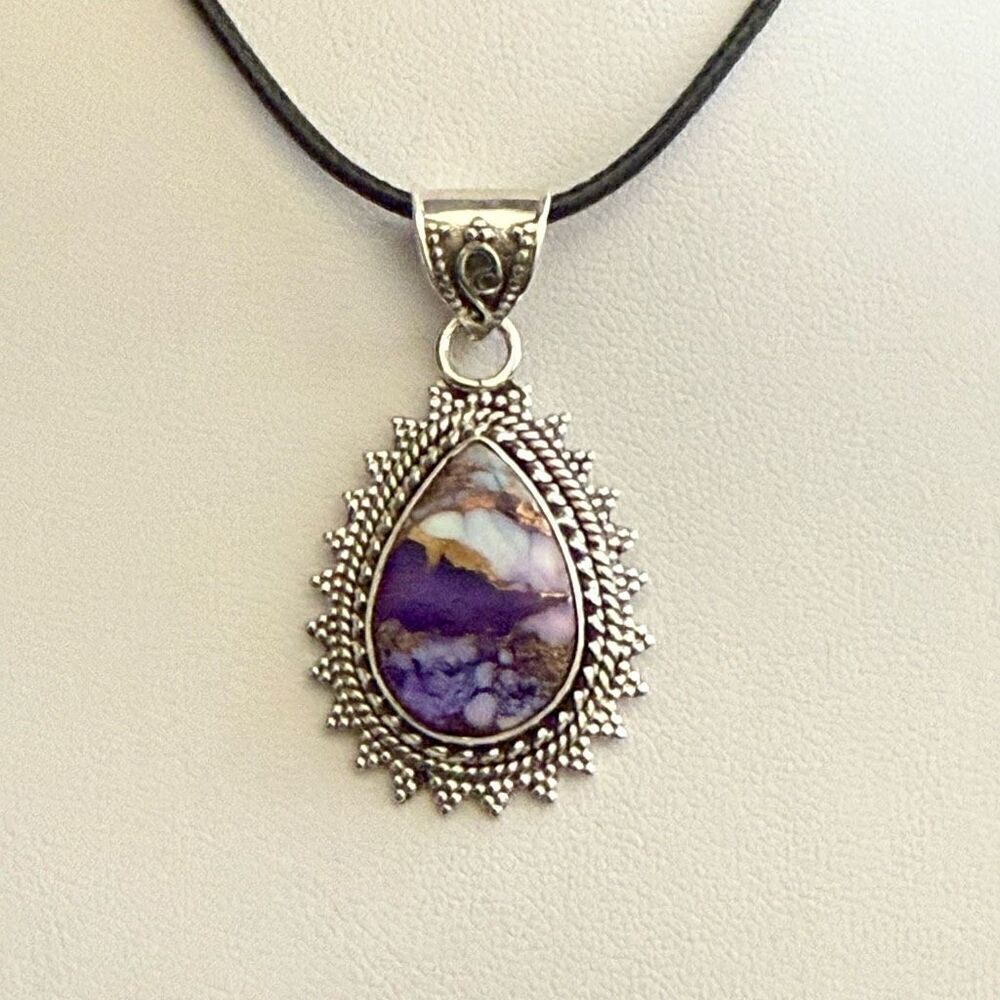Southwestern Purple Copper Dahlia Turquoise Teardrop Pendant Sterling Silver